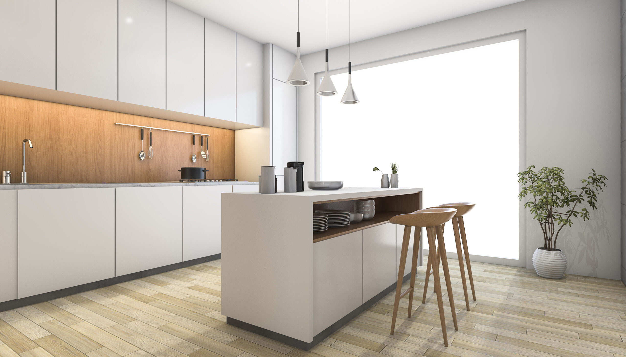 3d rendering white modern kitchen with wood bar scaled